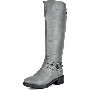 ⚡Women's Grey Knee High Boots Buckle Instep Zipper Motorcyle Riding Boots